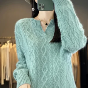Maglione da donna in puro Cashmere di visone, Pullover piccolo con scollo a v, maglione lavorato a maglia con torsione di diamanti, maniche lunghe, spesso, caldo, autunno, inverno 1