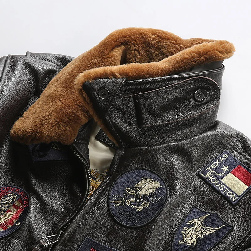 Giacche in pelle bovina Top Gun 2 Bomber in vera pelle Pilot Moto e Biker ricamo cappotto Casual da uomo Winter Cowskin collo di lana di agnello 4