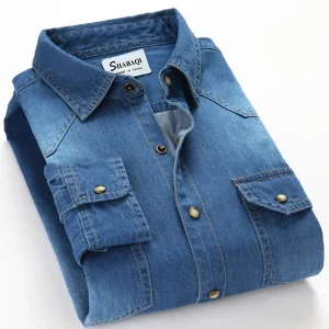 SHAN BAO camicia classica in denim di cotone 100% con doppia tasca e bottoni camicia a maniche lunghe slim da uomo di alta qualità primaverile 2025 1