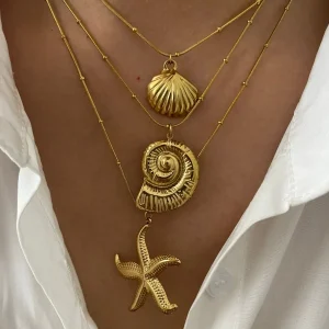 MHS.SUN Collane con ciondolo conchiglia conchiglia stella marina per donna Uomo Girocollo a catena alla moda in acciaio inossidabile Gioielli da spiaggia Festa estiva 1