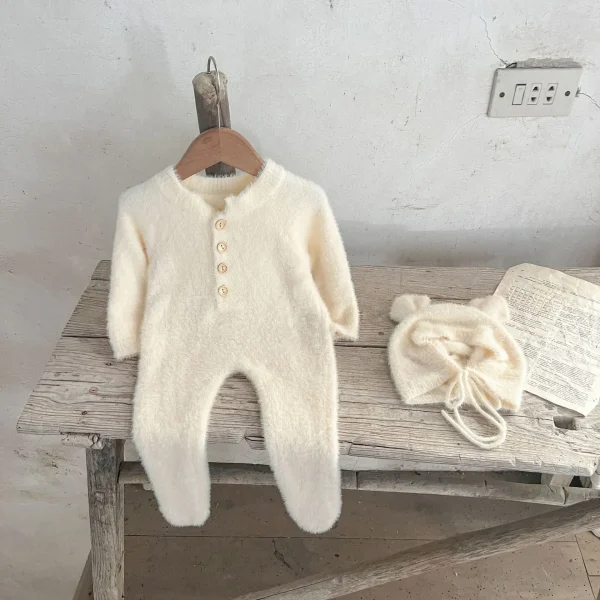 2025 Autunno Inverno Nuovo in Bambini Neonate Ragazzi Set di abbigliamento carino, Pagliaccetto + Cappello per legare i piedi in pelliccia di visone per neonato 4
