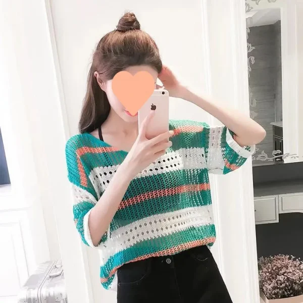2024 Maglieria Pullover Primavera Estate Donna Maglione a righe sottili Hollow lavorato a maglia femminile Moda retrò Maglione Top Capispalla 5