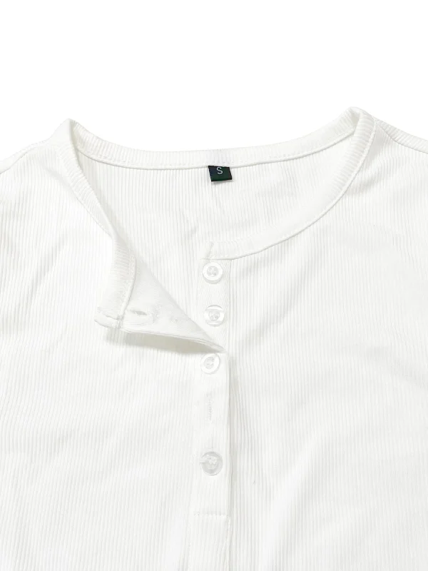 T-shirt da donna a costine sul davanti con mezzo bottone semplice, top alla moda, maglietta girocollo a maniche lunghe vestibilità casual 6