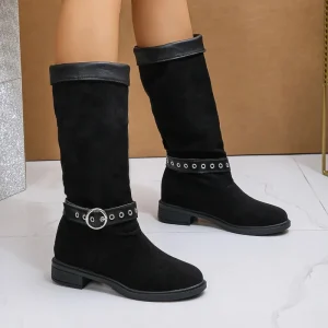 Stivali da donna in pelle scamosciata Nuovo inverno Retro Punta tonda Stivali da donna Comodi stivaletti da donna con tacco medio e fibbia Plus Size 41 42 1