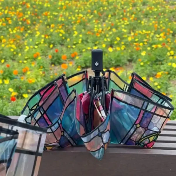 Ombrello automatico in vetro colorato con apertura automatica, protezione UV, protezione solare per adulti, campeggio, vacanze all'aperto, viaggi 4