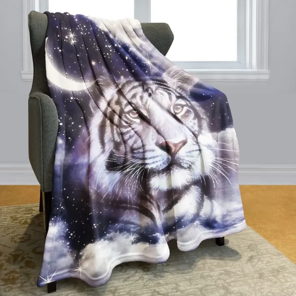 Coperta da tiro con tigre bianca, morbida e accogliente, calda coperta di flanella, tigre bianca siberiana sotto le coperte da notte stellata blu per divano letto 4