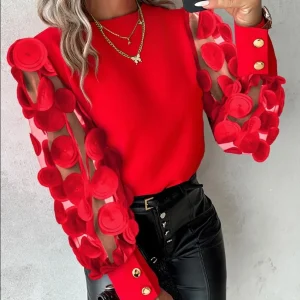 Camicia con bottoni e maniche a lanterna alla moda Camicia da donna elegante per pendolari da ufficio O collo Camicetta femminile autunno primavera Top casual quotidiani 1