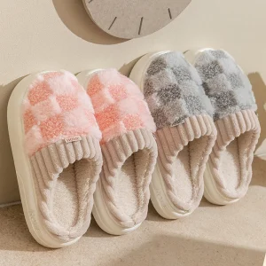 Coppia di moda inverno punta avvolgente calda pantofole di cotone scozzese spessa suola morbida diapositive uomo donna pavimento interno scarpe piatte antiscivolo per la casa 1