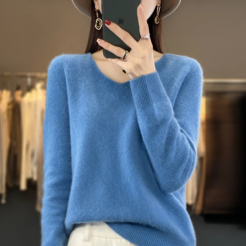 100% pura lana autunno inverno maglione di cashmere donna casual lavorato a maglia maglioni con scollo a V pullover morbido abbigliamento coreano femminile top 1