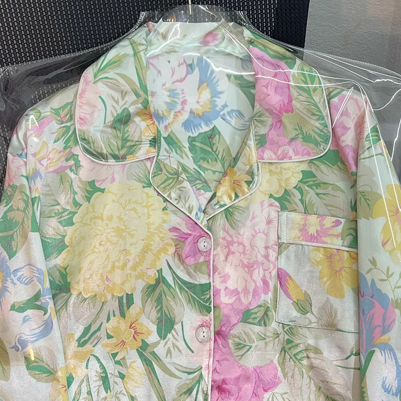 Pigiama da donna di alta qualità in primavera, pantaloni a maniche lunghe con stampa floreale di lusso estiva, pigiama con risvolto Cardigan morbido Homewear 5