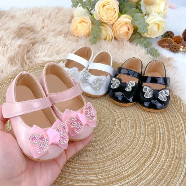 Scarpe casual Mary Jane con decorazione bowknot con strass carini per neonate, scarpe da passeggio leggere e antiscivolo per la primavera e l'autunno 1