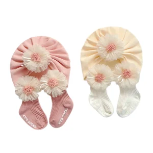 Set di berretti per calzini per bambini, calzino corto a coste con fiore in pizzo per ragazze + cappello turbante per l'autunno, Beige/rosa 1