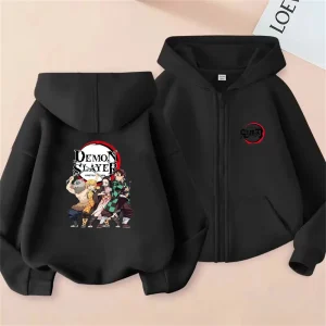 Demon Slayer ragazzo Ragazze Cappotto con cappuccio Top stile cerniera per bambini Adatto età 3-12 Felpa per bambini Moda Anime Cosplay Abbigliamento 1