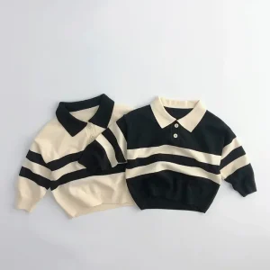 Liquidazione nero 110cm 3494C maglione per bambini Pullover lavorato a maglia maglioni da ragazzo con risvolto a righe a due bottoni maglione tutto abbinato 1