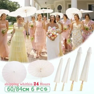 Ombrello parasole in carta bianca da 84/60 cm per matrimonio, ombrelloni in bambù fai da te per bomboniere, per centrotavola per addio al nubilato, oggetti di scena per foto 1