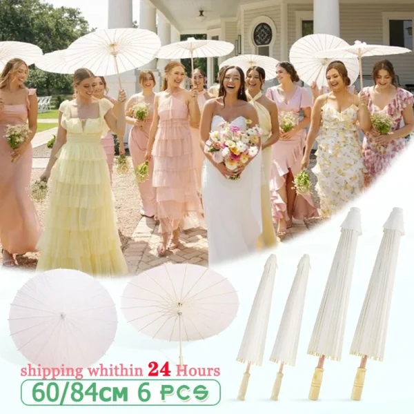 Ombrello parasole in carta bianca da 84/60 cm per matrimonio, ombrelloni in bambù fai da te per bomboniere, per centrotavola per addio al nubilato, oggetti di scena per foto 1