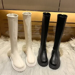 Stivali con plateau da donna 2022 scarpe gotiche primaverili stivali lunghi moda donna stivali al polpaccio neri Beige punta tonda Slip on stivali da equitazione 1