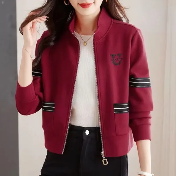 Moda primavera autunno donna colletto alla coreana tasca cerniera contrasto colore ricamo casual cardigan a maniche lunghe felpe top 2