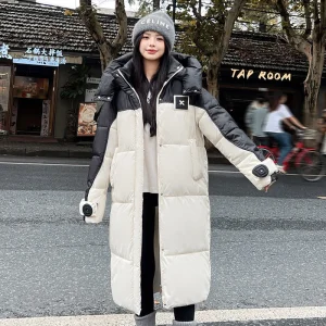 Giacca Parka invernale da donna Color block Tasche monopetto Cappotto da donna con cappuccio antivento Top lungo minimalista per signora 1