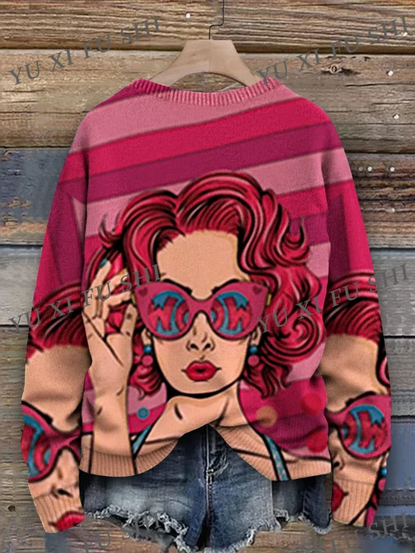 Occhiali da sole alla moda modello da donna maglione girocollo femminile maglieria con stampa digitale di alta qualità pullover allentato casual 2025 Top 2