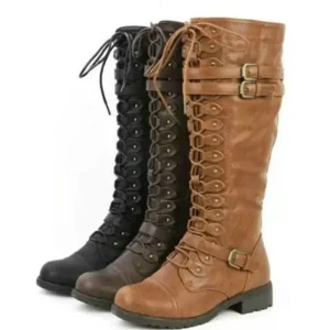 Stivali alti al ginocchio da donna Autunno Inverno Scarpe basse stringate Sexy Steampunk PU Retro Fibbia scarpe da donna Stivali da neve da donna yui8 1