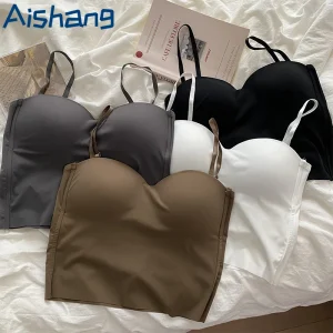 Aishang Gilet da donna sottile in seta di ghiaccio senza traccia Canotta con retro francese Tazza fissa integrata All'interno di abbinamenti all'esterno Indossare Spice Wrap Petto 1