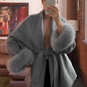 Elegante solido pizzo con polsino peloso cappotto di lana donna risvolto allentato manica lunga capispalla spesso 2025 autunno inverno Lady Chic Cardigan 1