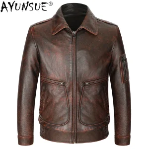 AYUNSUE giacca da uomo in vera pelle da uomo cappotto in pelle di vacchetta Vintage 100% vera pelle di mucca giacca da volo autunno inverno abiti KJ5099 1