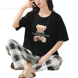 Big Size 5XL pigiama set a maniche corte Cartoon Bear lavorato a maglia PJ Plaid Sleepwear elegante pigiama da donna Lounge Home Pijama Mujer 1