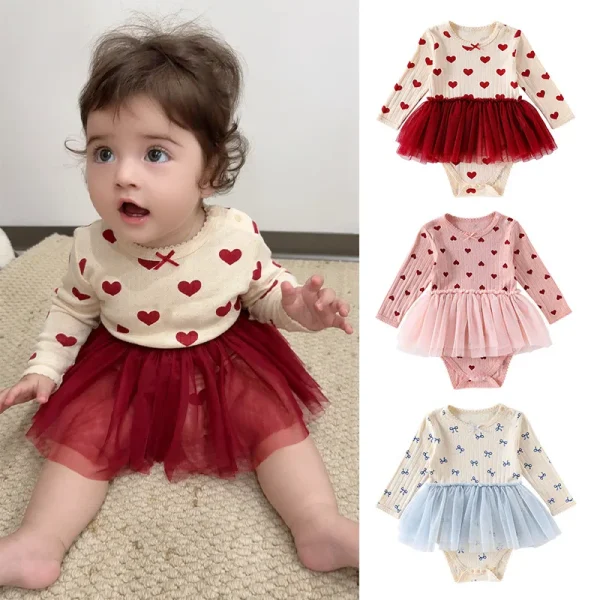 0-24M Neonato Bambino Vestiti Della Ragazza Cuore Stampa Pagliaccetto Del Bambino Manica Lunga 100% Cotone Tuta Carino Dolce Principessa vestito 1