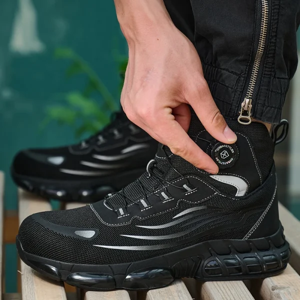 Scarpe antinfortunistiche con bottone rotante per uomo Stivali antinfortunistici da lavoro alti Scarpe da lavoro con punta in acciaio Scarpe protettive nere per la protezione del lavoro 4