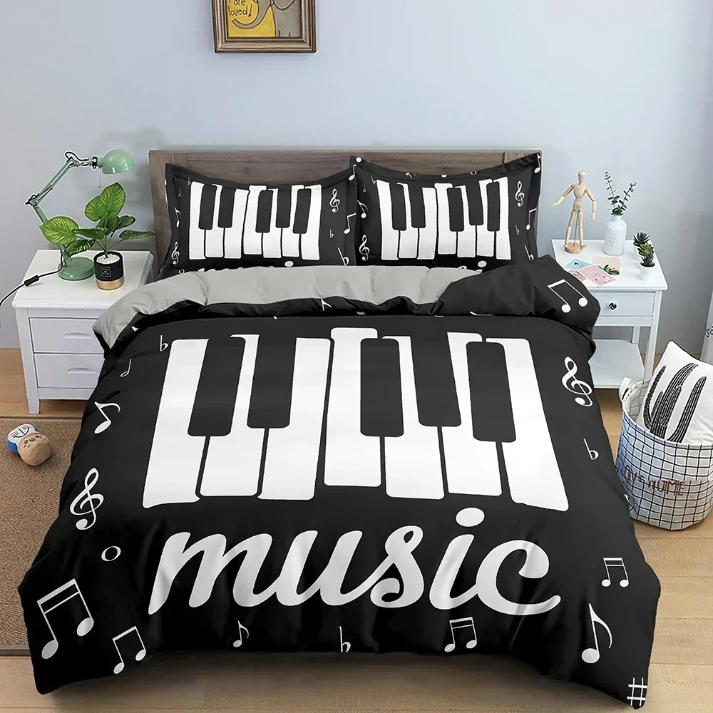 Set biancheria da letto musicale Tastiera per pianoforte Nota musicale Copripiumino Biancheria da letto queen size Piumino Set biancheria da letto in poliestere per chitarra in microfibra 1