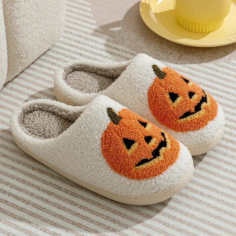 Sorriso zucca Halloween pantofole da donna inverno interno cartone animato comfort casa camera da letto morbido causale scarpe piatte in peluche per regalo 2