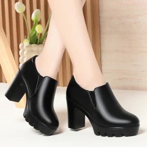 Punta tonda Bocca profonda Scarpe singole Tacchi alti Tacchi spessi Versatili scarpe in pelle con plateau impermeabili con suola spessa primavera autunno 1