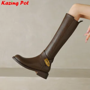 Krazing Pot Stivali da equitazione retrò con tacco grosso in pelle di mucca Stivali alti al ginocchio casual da donna concisi con cerniera calda invernale di marca 1