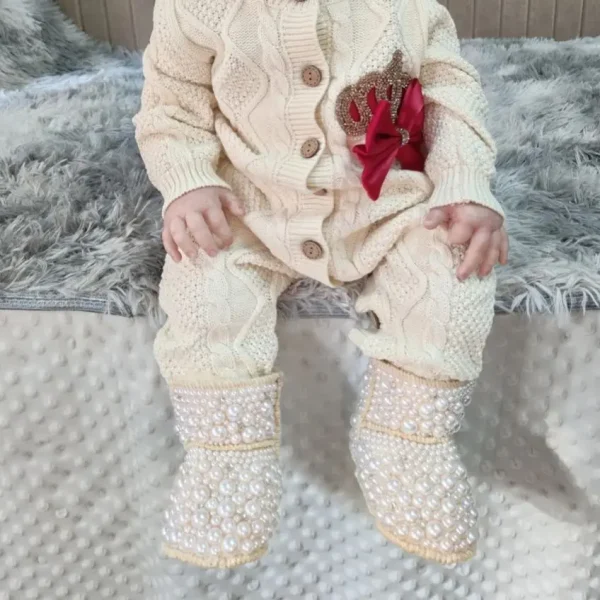 Dollbling Mamma Figlia Bambino Personalizzato Perle Stivali Personalizzati Fatti A Mano di Lusso Pelliccia Infantile Perline Avorio Bling Inverno Botties 5