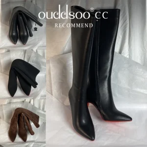 Ods Designer di lusso Sexy Punta a punta Pole Ginocchio Alto Marrone Nero Pelle Suola rossa Botas Mujer Stivali per donna 8 10 cm Grande 41434546 1