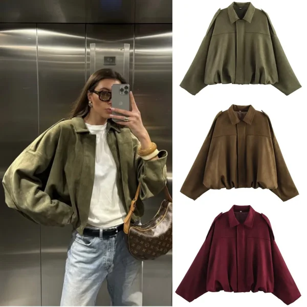 ETJ 2025 Primavera nuovo effetto texture in pelle scamosciata da donna Versione ampia della giacca bomber con spalle con risvolto alla moda 1