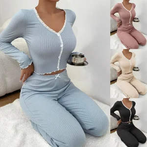 2025 Autunno Inverno Homewear Pigiama Set per le donne Camicia a maniche lunghe Pantaloni 2 pezzi Pigiama sexy in pizzo Pigiama da notte Pigiama 1
