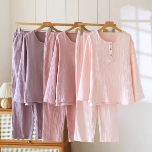 Pigiama autunno e inverno Pigiama per coppia 100% cotone Donna Pantaloni a maniche lunghe Set da due pezzi Indumenti da notte per donna e uomo 1