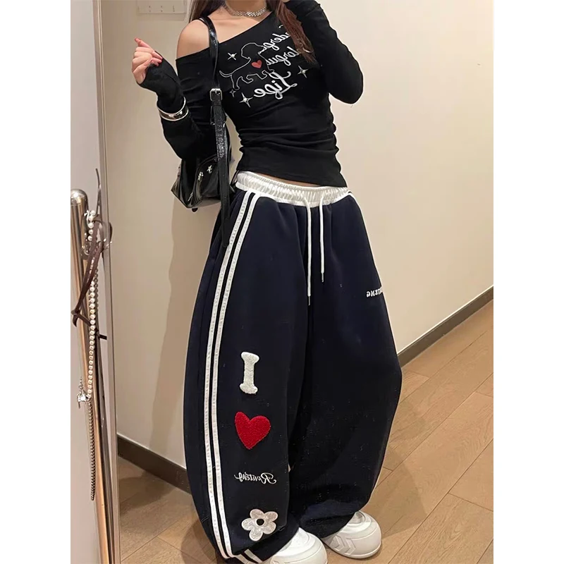 Pantaloni sportivi da donna con ricamo grigio con stella larga Pantaloni sportivi con fascia elastica Harajuku Pantaloni vintage Y2k stile giapponese anni 2000 4