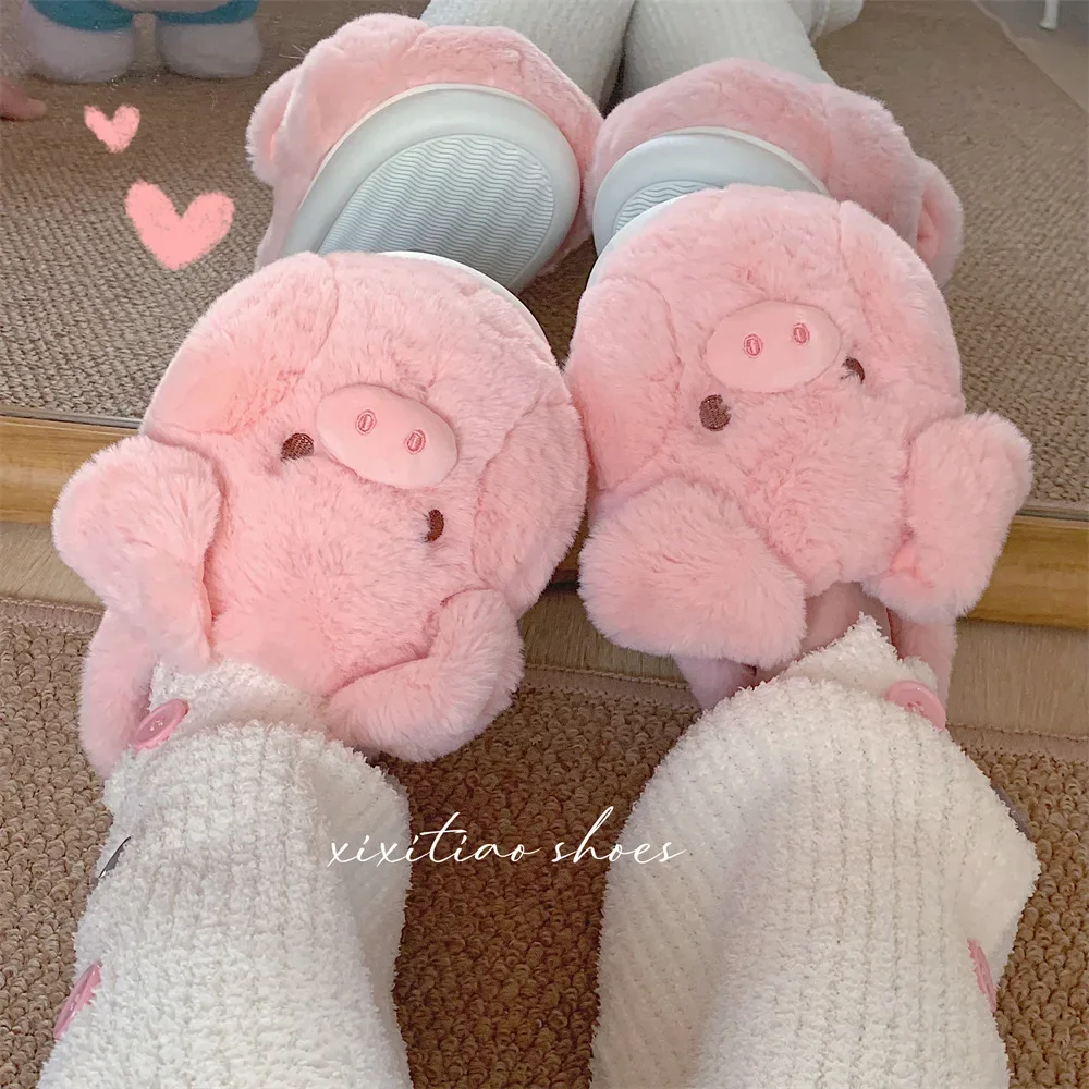 Pantofole in cotone di maiale rosa da donna inverno caldo antiscivolo simpatico cartone animato morbido peluche pantofola soffice per interni per ragazze scarpe da pavimento per la casa 3