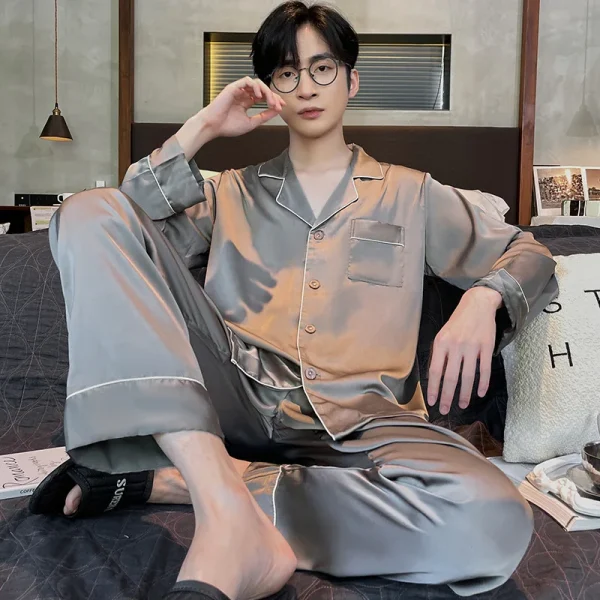 Pigiama da uomo autunno e inverno pantaloni lunghi a maniche lunghe indumenti da notte in seta Loungewear Cardigan giovanile Solid Nightwear Homewear 2