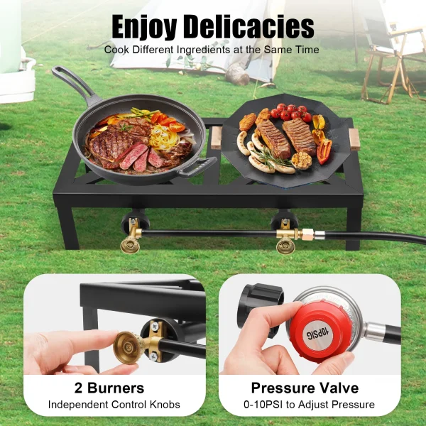 Fornello a gas per esterni portatile a doppio fuoco da 8000 W con tubo regolatore regolabile 0-10 Psi per campeggio nel patio, barbecue 2
