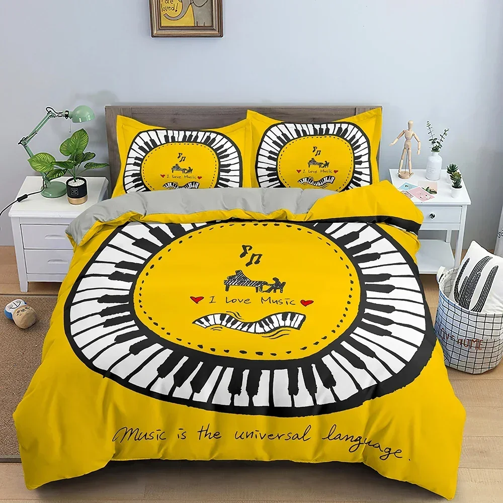 Set biancheria da letto musicale Tastiera per pianoforte Nota musicale Copripiumino Biancheria da letto queen size Piumino Set biancheria da letto in poliestere per chitarra in microfibra 6