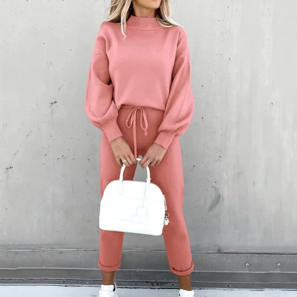 2025 Maglione da donna autunno e inverno collo alto pantaloni casual in puro colore set da due pezzi 3