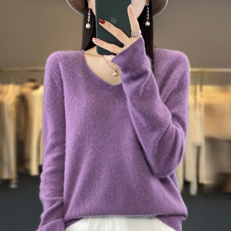 100% pura lana autunno inverno maglione di cashmere donna casual lavorato a maglia maglioni con scollo a V pullover morbido abbigliamento coreano femminile top 6
