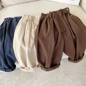 Pantaloni per bambini primaverili e autunnali pantaloni larghi con tasca diagonale in tinta unita per ragazzi e ragazze coreani pantaloni per bambini 1