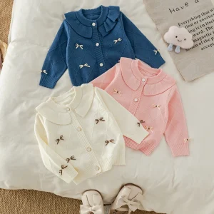 0-3Y Autunno Cappotto lavorato a maglia Arco Bambino Neonato Ragazze Maglione Cardigan Colletto arricciato Maglione a maniche lunghe Ragazze Top Cappotto Vestiti per ragazze 1