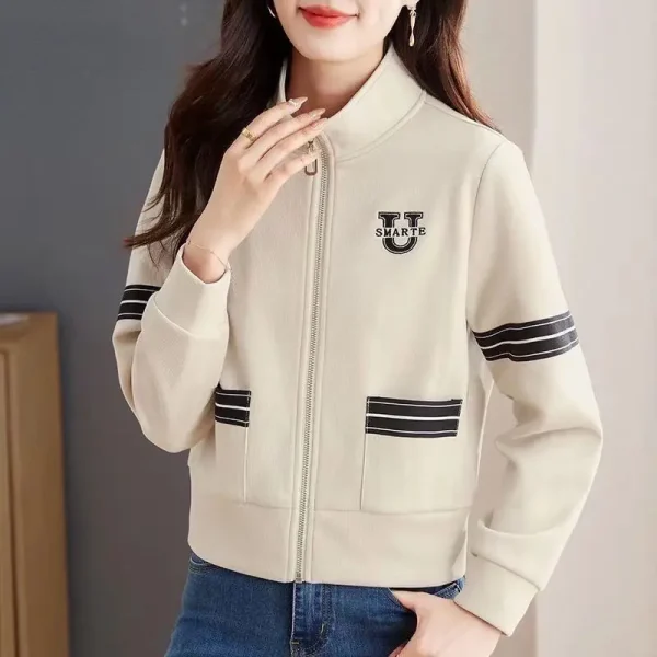 Moda primavera autunno donna colletto alla coreana tasca cerniera contrasto colore ricamo casual cardigan a maniche lunghe felpe top 5